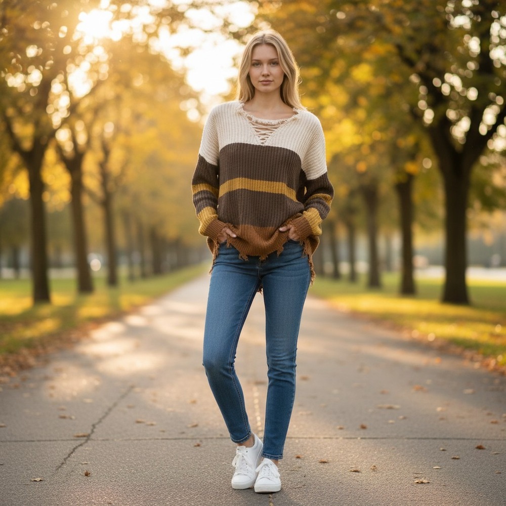 Daytrip Sweater Large Brown Cream Colorblock Excellent Lace Up Distressed Boho